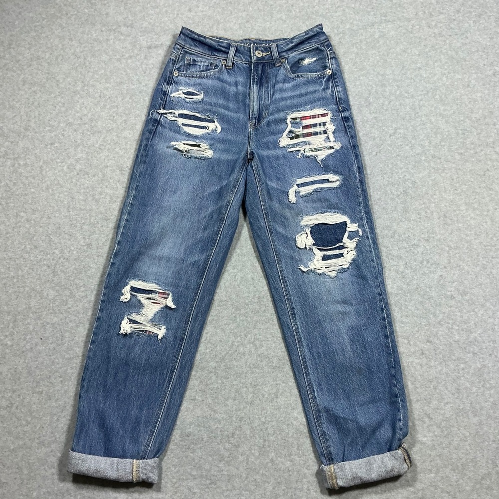 American Eagle Plaid Patch Distressed Mom Jeans Medium Wash Size 0 Long